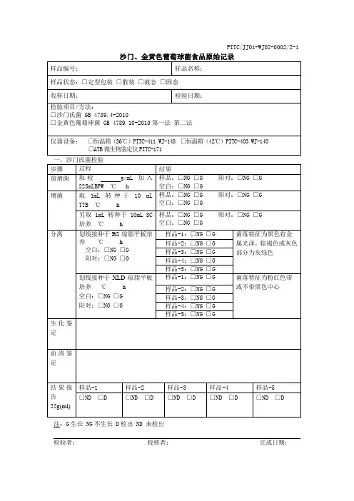 沙门、金黄色葡萄球菌食品原始记录