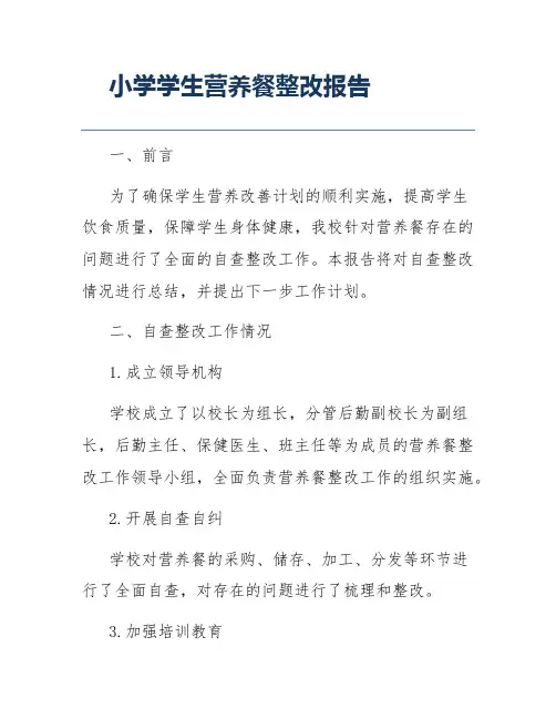 小学学生营养餐整改报告