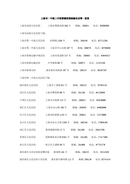 上海市一中院二中院管辖范围邮编电话等一览表