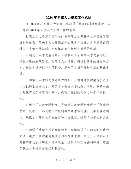 2024年乡镇人力资源工作总结