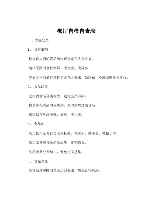 餐厅自检自查表