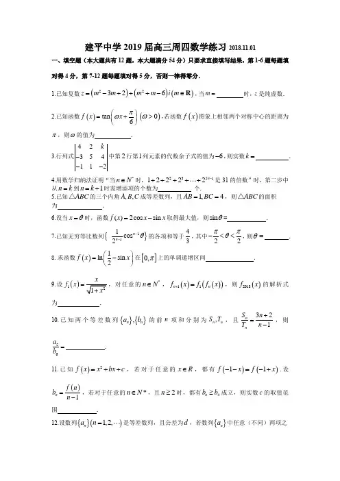 上海市建平中学2018学年第一学期2019届高三数学第九周周练(原卷版)
