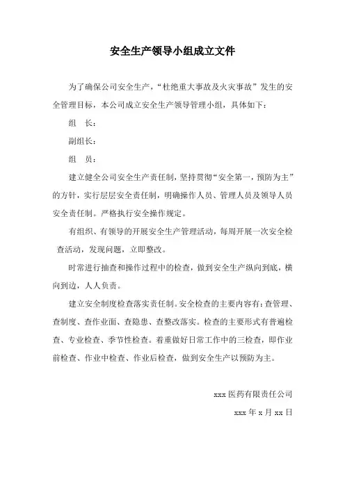 公司安全生产领导小组成立文件整理资料