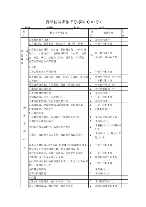 静脉输液评分标准