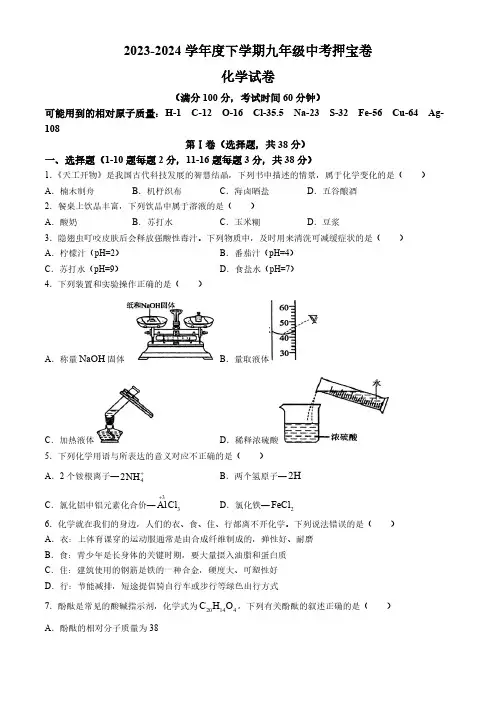 2024年山东省临沂市蒙阴县中考三模化学试题(含答案)