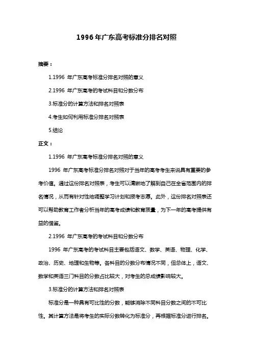 1996年广东高考标准分排名对照