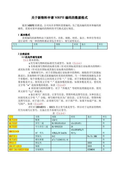 关于新物料申请MRPII编码的数据格式
