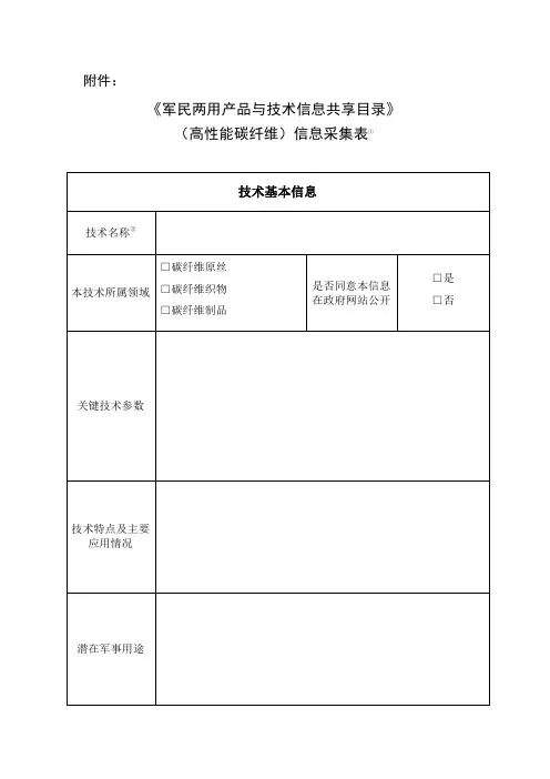 军民两用技术产品信息共享信息采集表.doc