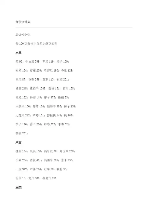 食物含钾表