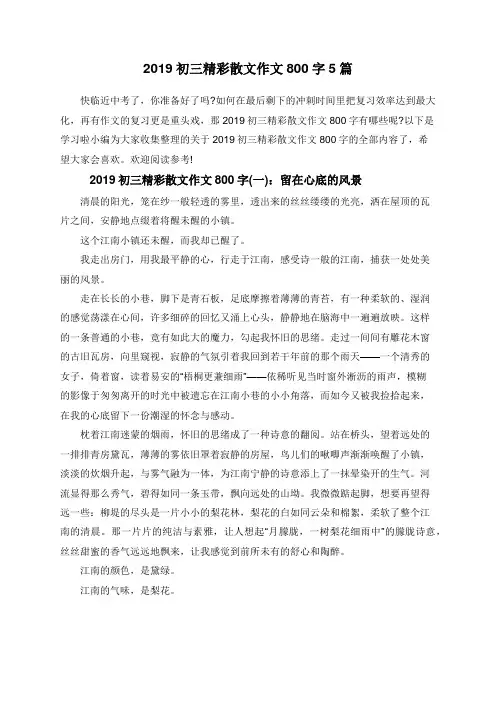 2019初三精彩散文作文800字5篇