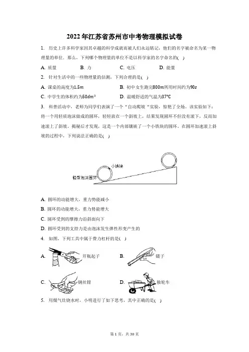 2022年江苏省苏州市中考物理模拟试题及答案解析