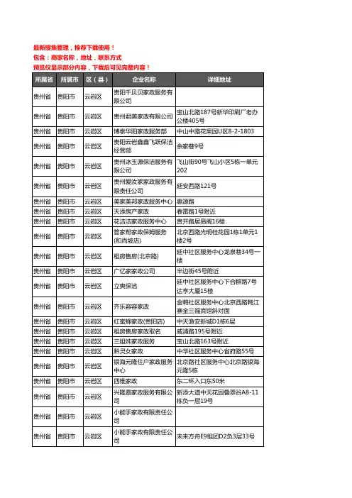 新版贵州省贵阳市云岩区家政企业公司商家户名录单联系方式地址大全44家