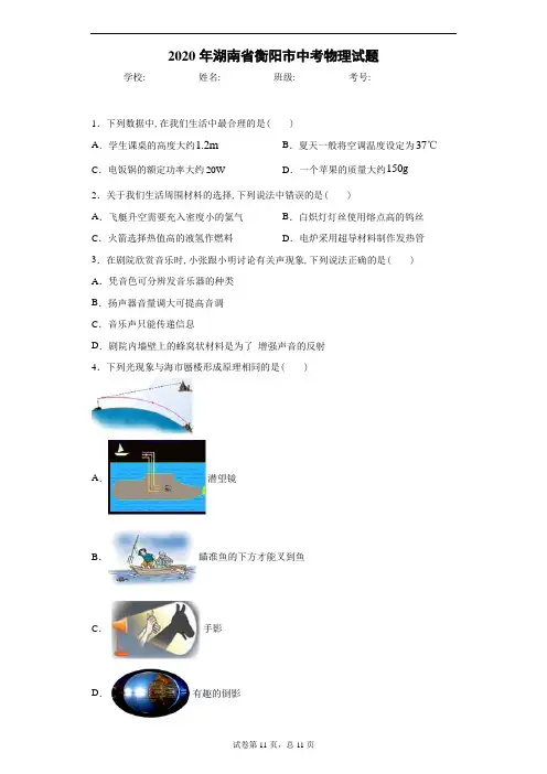 2020年湖南省衡阳市中考物理试卷及解析