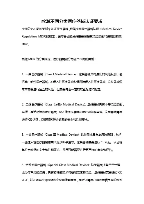 欧洲不同分类医疗器械认证要求