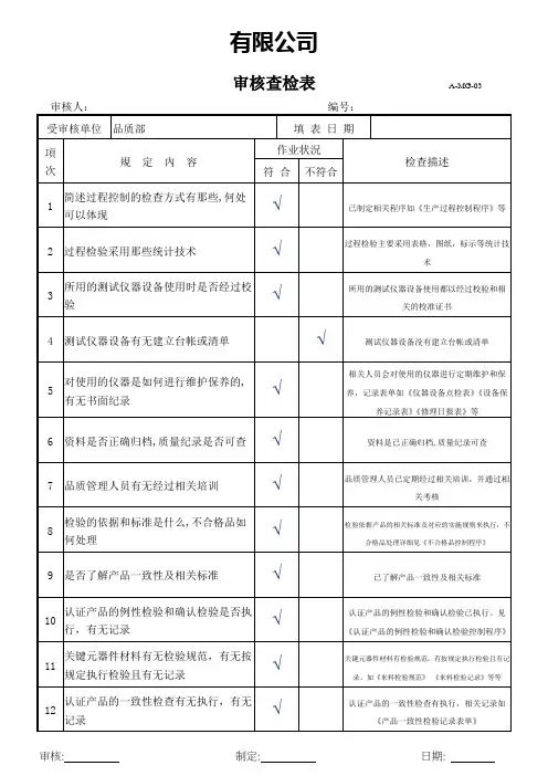 CCC认证记录表格-审核查检表2