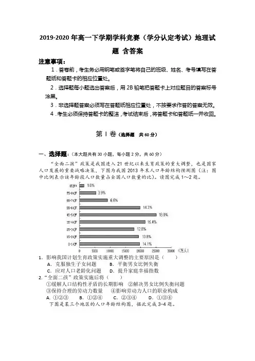 2019-2020年高一下学期学科竞赛(学分认定考试)地理试题 含答案