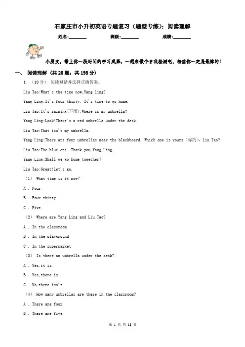 石家庄市小升初英语专题复习(题型专练)：阅读理解