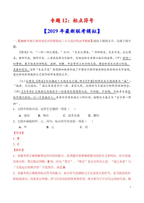 标点符号-2019年高考真题和模拟题分项汇编语文(解析版)