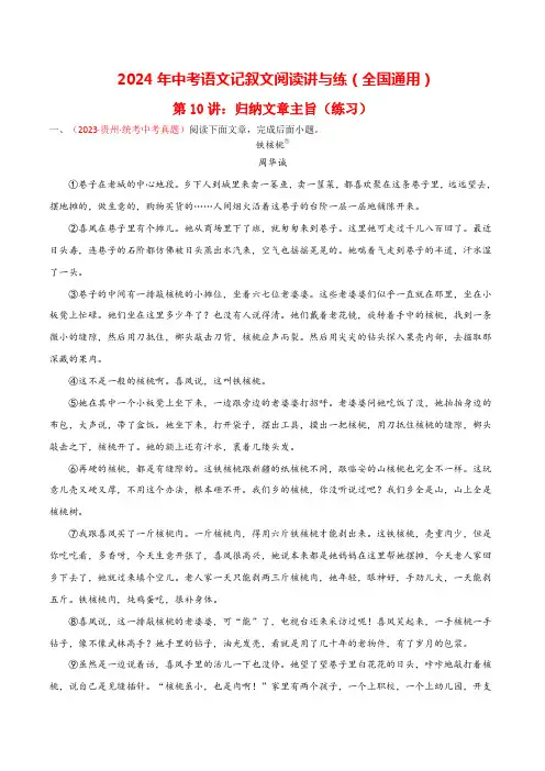 第10讲：归纳文章主旨(练习)-中考语文记叙文阅读讲与练原卷版