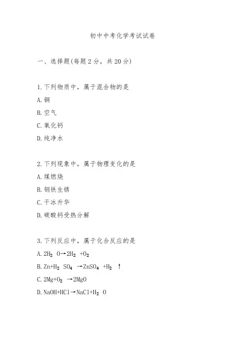 2024初中中考化学考试试卷及解析