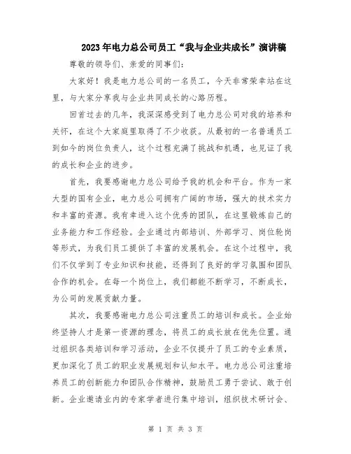 2023年电力总公司员工“我与企业共成长”演讲稿