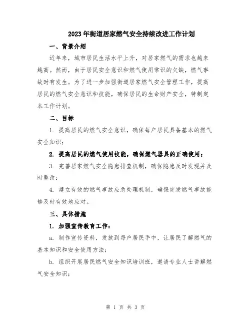 2023年街道居家燃气安全持续改进工作计划