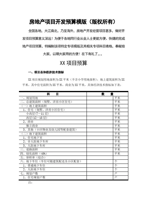 房地产开发项目预算编制模板