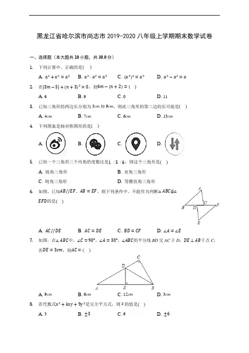 黑龙江省哈尔滨市尚志市2019-2020八年级上学期期末数学试卷及答案解析