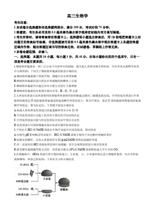 甘肃省部分学校2024-2025学年高三上学期9月月考生物试题(有答案)