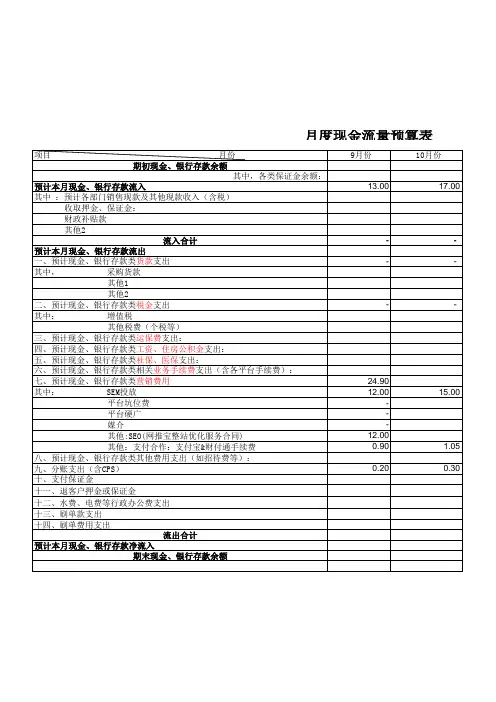 月度现金流量预算表(网站运营部资金计划)