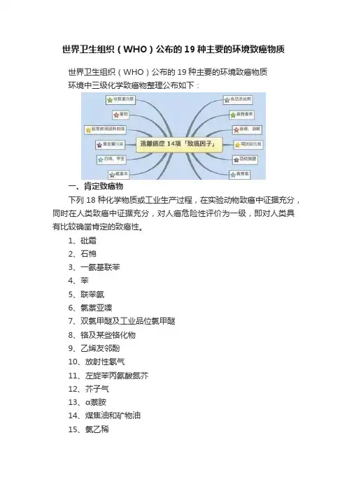 世界卫生组织（WHO）公布的19种主要的环境致癌物质