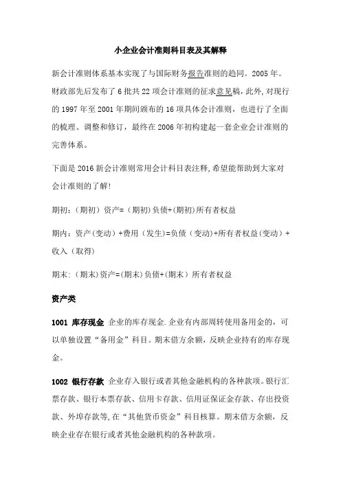 2018小企业会计准则科目表及其解释