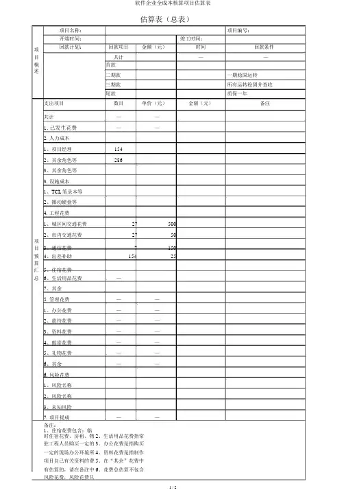 软件公司全成本核算项目预算表