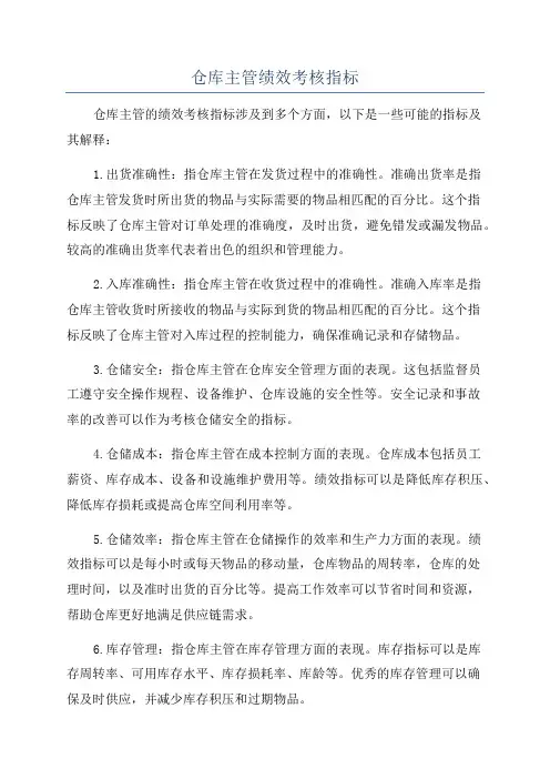 仓库主管绩效考核指标