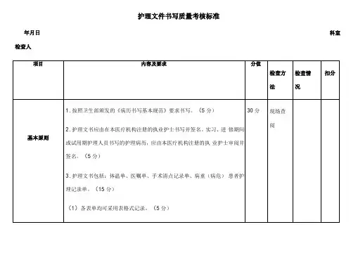 护理文件书写质量考核标准