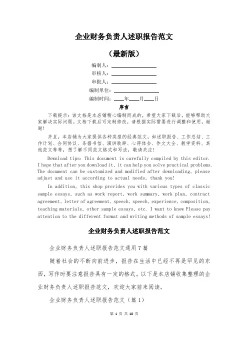 企业财务负责人述职报告范文