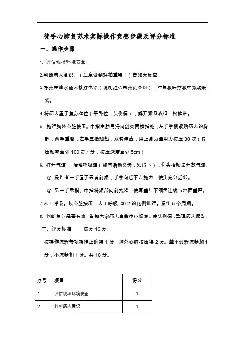 徒手心肺复苏实操步骤及评分标准