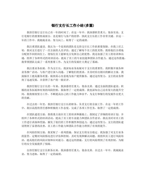银行支行长工作小结(多篇)