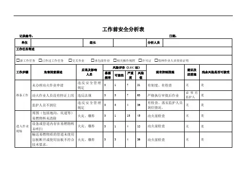 工作前安全分析表(动火作业)资料.doc