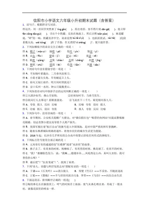 信阳市小学语文六年级小升初期末试题(含答案)