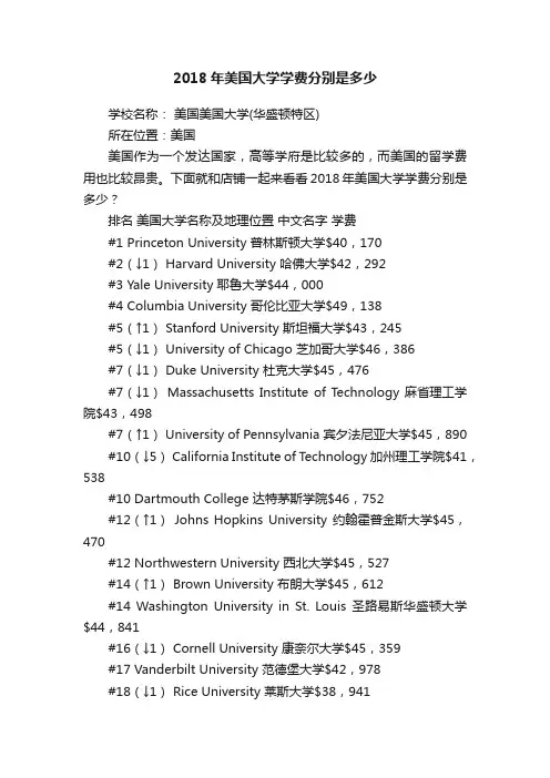 2018年美国大学学费分别是多少