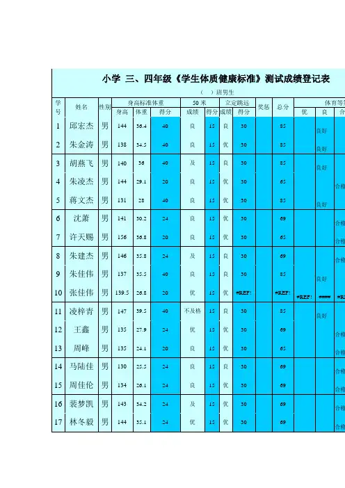 四年级学生体质健康标准测试成绩登记表