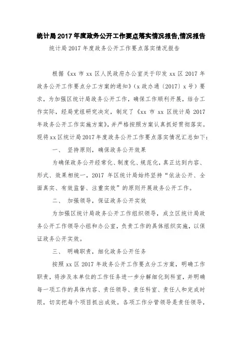 统计局2017年度政务公开工作要点落实情况报告,情况报告【精品范文】
