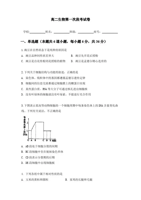 高中人教版生物必修二1-4章练习题段考题月考试卷(含答题卡、答案)