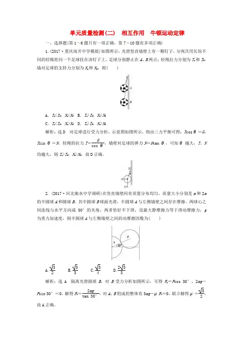 2018届高考物理二轮复习 第二章 相互作用 牛顿动动定律单元质量检测