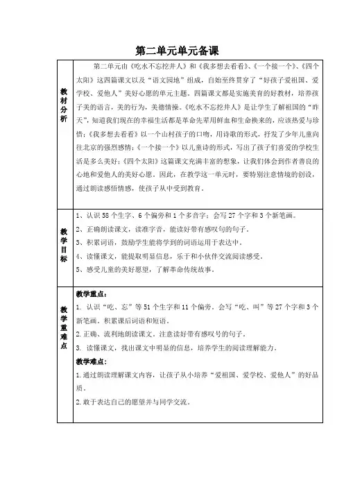 最新部编版小学一年级语文下册第二单元单元备课