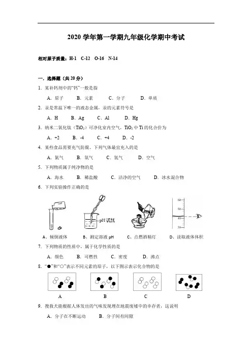 2020-2021学年上海市青浦区实验中学九年级上学期化学期中考试