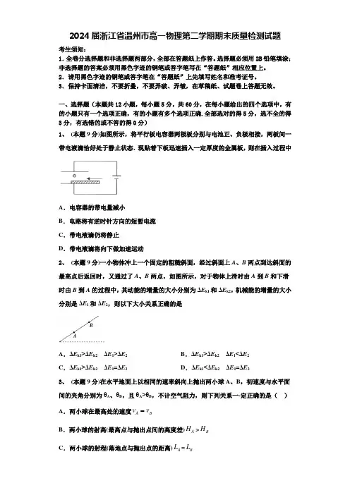 2024届浙江省温州市高一物理第二学期期末质量检测试题含解析