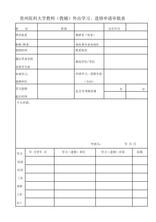 贵州医科大学教师外出学习、进修申请审批表