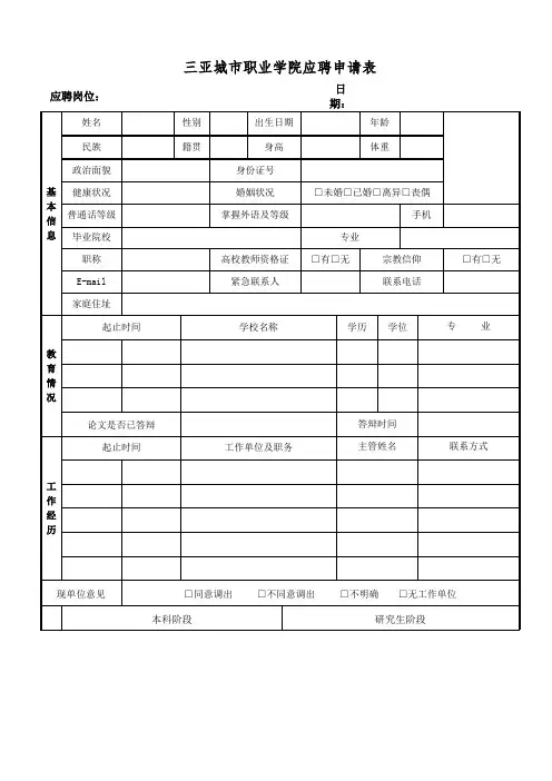 XX学院应聘申请表【模板】(2)